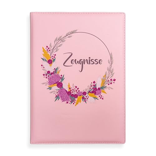 Zeugnismappe A4 Leder mit Folien hochwertige Mappe für Zeugnisse & Dokumente Zeugnismappe Mädchen Grundschule & Gymnasium edles Design (Blumenkranz Design)