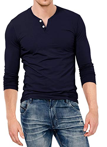 KUYIGO Mens Casual Regular Fit Long Sleeve Henley T Shirts of Cotton Shirts(X-Large, Navy)