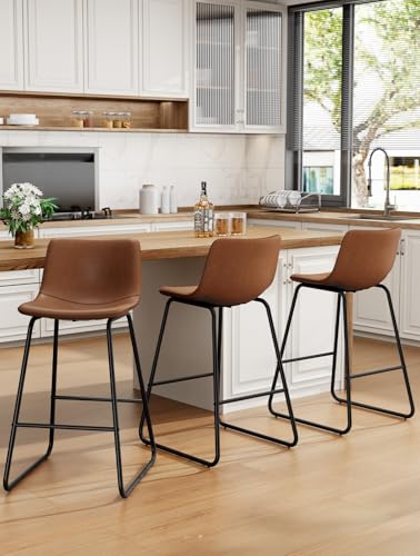Bar Stools Set of 3, Faux Leather Counter Height Stools, 26″ Modern Barstools with Metal Legs and Footrest, Urban Armless Counter Chairs with Back for Kitchen Island (Dark Brown)