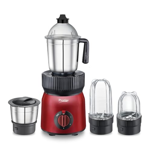 Image of Prestige Fusion 4J 750 Watt Mixer Grinder with with 4 Jars (2 Stainless Steel + 2 Transparent) | Space-Saving Design | Extra Sipper & Storage Lid | Stainless Steel Blades | 2Y Warranty | ISI Certified