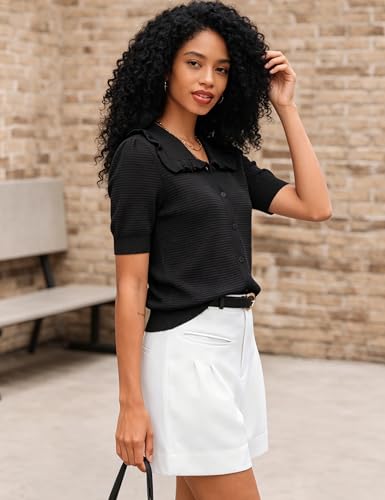 Image of Watashi Womens Ruffle Collar Puff Short Sleeve Cardigan Knit Crop Top | Peter Pan Collar Crochet Knitted Summer Fall Casual Work Wear Sweater