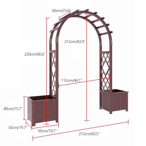 Zewnętrzny drewniany łuk ogrodowy pergola ze zintegrowanymi donicami i bocznymi skrzynkami na kwiaty, kratka o wysokości 237 cm, do pnących winorośli, idealna altana ogrodowa na róże i kwiaty