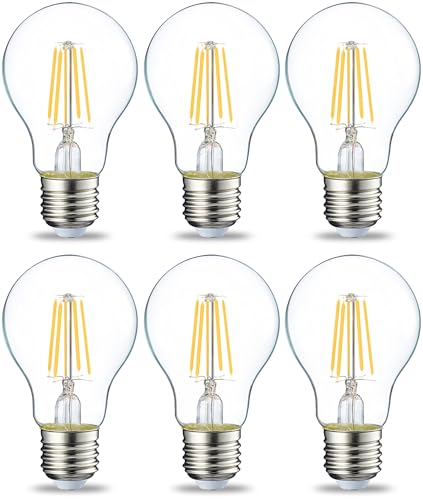 Amazon Basics Lot de 6 ampoules LED culot Edison à vis E27 4,3 W (équivalent 40 W), blanc chaud, filament transparent, intensité non variable