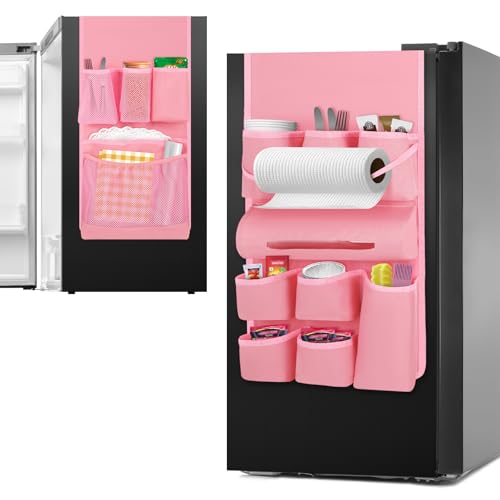 Weysat Mini Fridge Organizer with 14 Pocket Dorm Essential Dust Cover for Household Refrigerator Mini Fridge Hanging Caddy Organizer Storage Bag for Kitchen Dorm Office Home School(Classic,Pink)