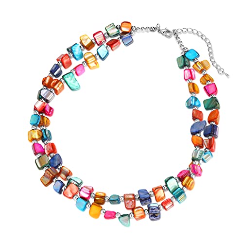 BULINLIN Boho Layered Shell Beaded Necklaces Handmade Colored Bead Choker Necklace Holiday Style Costume Jewelry for Women