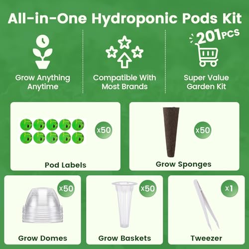 Image of 201Pcs Hydroponic Pods Kit | Compatible with Aerogarden, 50 Grow Sponges & Labels, 50 Baskets & Domes, 1 Tweezers, For Vegetables, Herbs, Lettuce