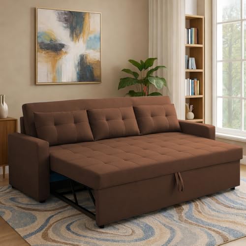 Image of Casaliving Treshta 3 Seater Pull-Out Premium Fabric Sofa Cum Bed Sofa Set for Living Room (Brown Fabric Color) Premium Fabric Sofa Set for Living Room Sofa Cum Bed