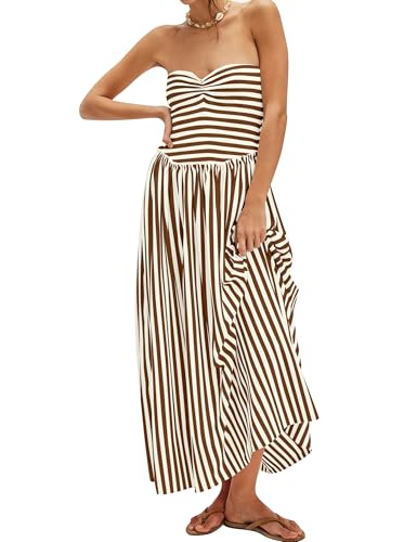 Image of Striped Tube Top Beach Dresses for Women Strapless Pleated Flowy Maxi Dress Summer Party Midi Dresses