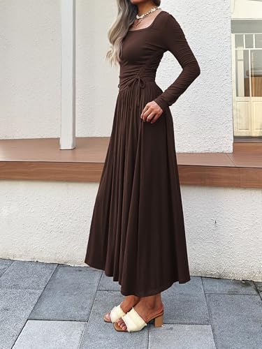 Women’s Long Sleeve Square Neck Maxi Dress Adjustable Waist Tie Casual Flowy A-Line Pleated Dresses with Pockets4