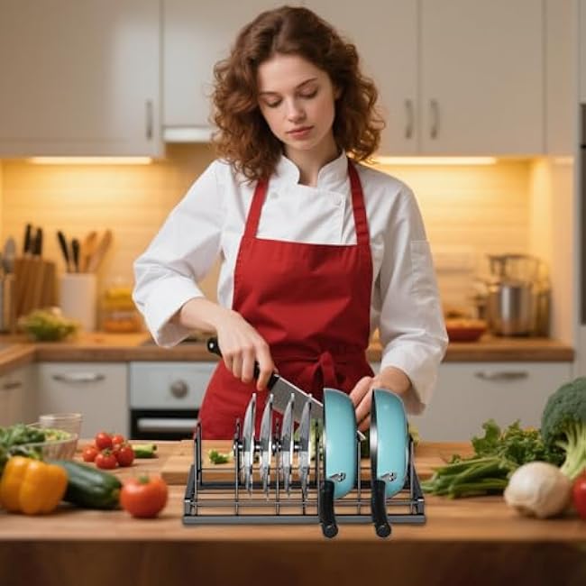 Food Container Lid Organizer for Cabinet, 6 Adjustable Dividers Metal Pot Lid Organizer, Pots and Pans Organizer Under Cabinet Storage Plastic Lids Pots Cookie Sheets for Cabinets, Cupboards, Drawers