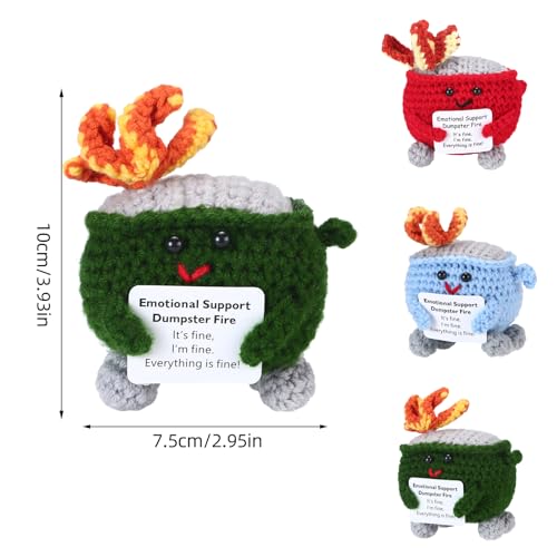 Image of RovyFota Emotional Support Crochet Dumpster Fire with Positive Card Cute Room Decor Knitted Toys Funny Crochet Support Buddies Gifts for Friends (Green&Blue&Red)