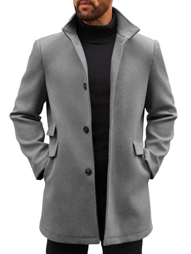 Image of Runcati Mens Pea Coats Single Breasted Stand Collar Casual Slim Fit Trench Coat Mid Long Winter Overcoat with Pockets