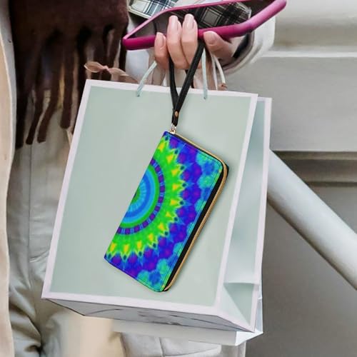 Women's Clutch Wallet with ID Pockets, High Capacity Leather, Perfect for Travel, Indian Spiral Tie Dye Mandala Green 6