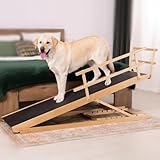 Dog Ramp for Bed with Safety Rails for High Beds up to 37' – Extra Wide 19.5' Adjustable Dog Bed Ramp for Large Dogs up to 200 lbs – Solid Birchwood, Non-Slip Rubber Surface, Foldable Design – Natural