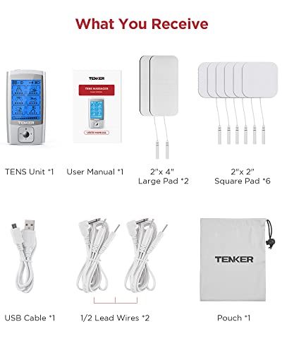 Tenker Tens Ems Unit Muscle Stimulator, 24 Modes Tens Machine For Pain Relief & Muscle Strength Rechargeable Electronic Pulse Massager With 2"X2" And 2"X4" Tens Unit Electrode Pads #TOP7