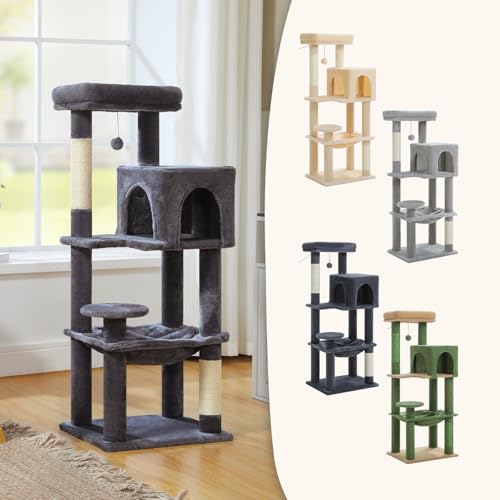 Image of MUTTROS Cat Tree for Indoor Cats, 44.5 inch Multi-Level Cat Tower with Large Metal Frame Hammock, Cat Condo with 2 Scratching Posts and Top Perch for Small to Medium Cats, Dark Gray