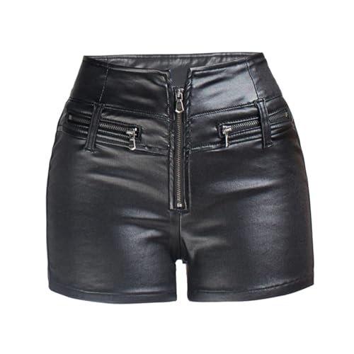Women Sexy Leather Shorts Waisted Zipper Shorts Short Black S