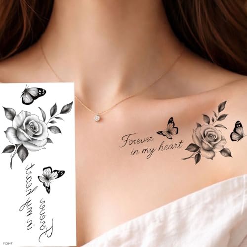 Image of Bilizar 14 Sheets Unique Butterfly Plum Blossom Temporary Tattoos For Women Adults Clavicle Tattoo Sticker, Realistic Fish Bird Fake Tattoos Rose Flowers Leaf Body Art Tatoos Long Lasting Waterproof
