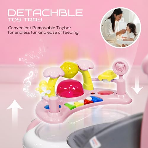 Image of Happy Bear Astro Baby Walker with Parent Handle | Height Adjustable Walker with parent Handle Baby 9 Months and Above | Activity Walker for Baby | Removable Push Parent Handle | Walker for Boys and Girls - Pink