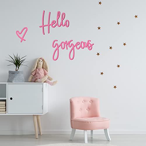 Image of Blulu Hello Gorgeous Wall Decor Sign Hello Gorgeous Wall Art Minimalist Wooden Words Decor for Lash Room, Salon, Vanity or Makeup Room, Bathroom, Bedroom, Office(Pink)