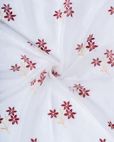 Image of (7 ft Sheer Tissue with Embroidery 3 Flower Design|Grommet Curtains Window Long Curtain|Tissue Fabric Window Curtain (Maroon & Golden)|for Home|(Pack of 2)|213 L X 121 W cm