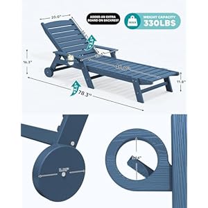 SERWALL Patio Chaise Lounge Chair Set of 2 78 Long 5 Positions Adjustable HDPE Outdoor Lounge Chair for Pool Poly Lounge Chair with Rolling Wheels Cup Holder for Poolside Deck Blue