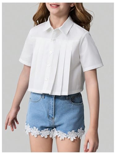 SweatyRocks Girl's Button Down Blouse Collar Short Sleeve Pleated Shirt Summer Tops3