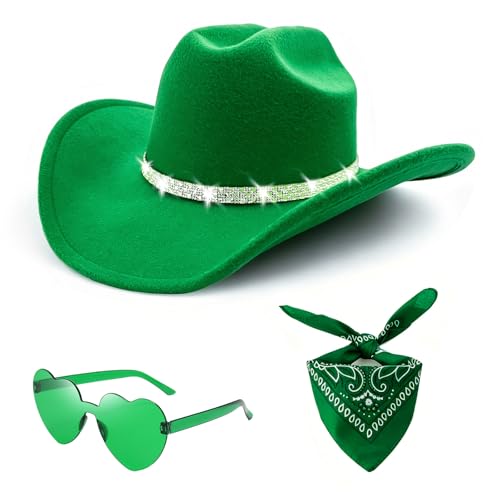 ONECOS 3Pcs Rhinestone Cowboy Hat for Women with Bandana Heart Sunglasses set Wide Brim Cowgirl Hat for Western Disco Party (Green Medium)