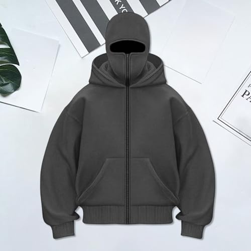Muineobuka Men's Balaclava Hoodie Fashion Double Hooded Zip Up Long Sleeve Windproof Athletic Sweatshirt with Warm Mask4