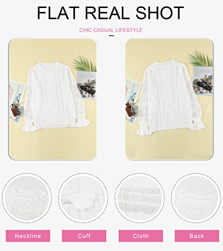 Image of Dokotoo Womens Crewneck Crochet Lace Long Sleeve Hollow Out Cable Knit Sweaters Pullover Tops