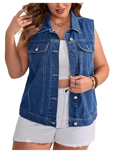 OYOANGLE Women's Plus Size Sleeveless Denim Jacket Vintage Button Down Jean Vest Coat