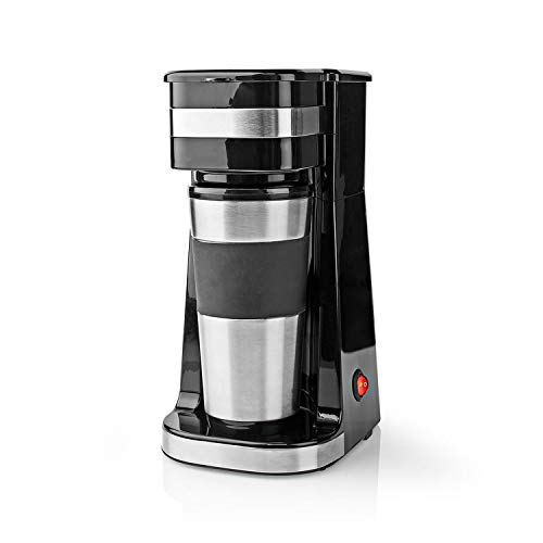 Ex-Pro Máquina para hacer 1 taza de café individual y taza de viaje aislada de doble pared, acero inoxidable, 420 ml, color plateado y negro