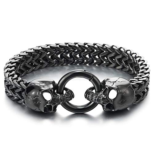 COOLSTEELANDBEYOND Gothic Mens Stainless Steel Skull Franco Link Curb Chain Bracelet with Spring Ring Clasp
