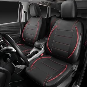 CAR PASS Universal FIT Piping Leather Two Front Seat Covers, Waterproof Faux Leather for SUV Sedan Van Truck, Airbag Compatible, Reserved Opening Holes for Headrest Covers. (Black red) — photo 3 of 6