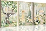 Baby Girl Nursery Canvas Wall art Cute Woodland Fairy Posters Fantasy Forest Animals Pictures Wall Decor Magic Mushroom Tree House Bunny Deer Watercolor Paintings Prints for Girls Room Bedroom Decor