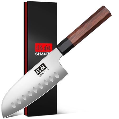 SHAN ZU 5 Inch Santoku Knife for Small Hands, Japanese High Carbon Steel Kitchen Knife, Multi-function Mini Size Sharp Chef Knives with Ergonomic Red Sandalwood Handle, Sashimi Knives