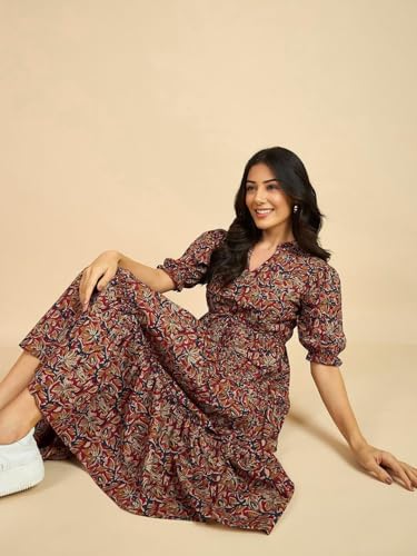 Image of PRESHA Women's Fit and Flare Pure Cotton Long Maxi Dress (SP-24 Maroon)