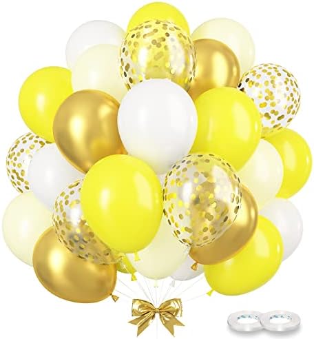 GREMAG Yellow Balloons, 60 Pcs Yellow White Gold Confetti Balloons, 12inch Latex Balloon with Ribbons, for Baby Shower, Birthday, Wedding, Kids Theme Party Decoration, Flower Themed Party Supplies