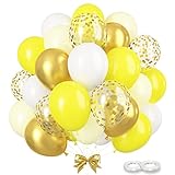 GREMAG Yellow Balloons, 60 Pcs Yellow White Gold Confetti Balloons, 12inch Latex Balloon with Ribbon