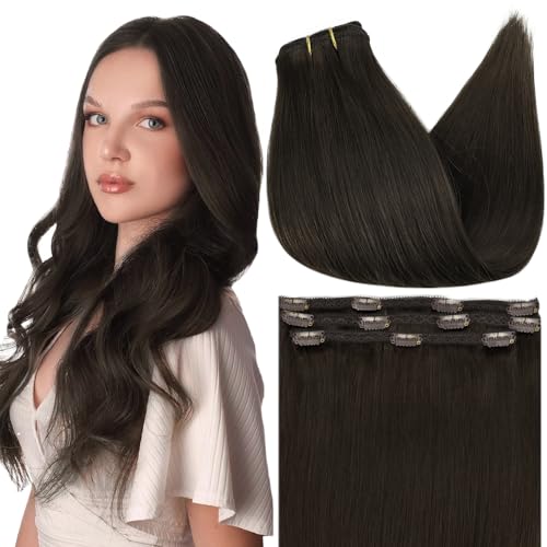Image of Full Shine Thin Hair Extensions Clip ins, Dark Brown | Clip in Hair Extensions Straight, Blends Naturally, for Weekend Trip, 12 Inch 3 Pcs 60g