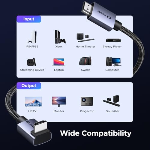 Image of UGREEN 8K 10K 90 Degree HDMI Cable 48Gbps 3.3FT, Ultra High Speed Right Angle HDMI 2.1 Braided Cord, 4K@240Hz 8K@60Hz, HDCP 2.2&2.3, eARC HDR 10 Compatible with PS5 /Blu-ray /Roku TV /Switch 2 /Mac mini
