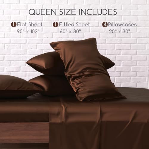 Image of MR&HM Satin Bed Sheets, Queen Size Sheets Set, 6 Pcs Silky Bedding Set with 15 Inches Deep Pocket for Mattress (Queen, Brown)