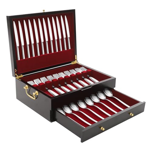 CeRaBuRET Wooden Silverware Chest without Silverware Double-layer, Silverware Storage Box for Flatware, Silverware Case with Handle, Flatware Chest for Home Utensils, 15.35 * 11.42 * 5.51in