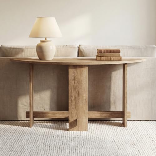 DM Furniture 51 Inch Entryway Table Farmhouse Wooden Console Table Half-Moon Sofa Table Behind Couch for Entrance Hallway Living Room Bedroom Natural