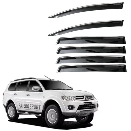 Image of CAR SAAZ Unbreakable Side Window Door Visor for Pajero Sport | Chrome Smoke Finish | Rain & Wind Deflector - Set of 6 Pcs