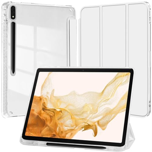 Funda para Samsung Galaxy Tab S8 2022/S7 2020 11 Pulgadas con S Pen Soporte, Slim Clara Transparente Trifold Folio Tableta Carcasa, Auto Sueño/Estela, Plata