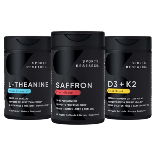Sports Research® - Pure Saffron Supplement, 30 mg + Double Strength L-Theanine Supplement + Vitamin D3 + K2 5000 IU