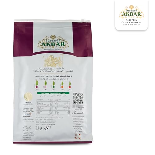 Image of Emperor Akbar Alleppey Whole Green Cardamom 8mm | 1Kg | Long-Lasting Aroma | GI Tagged | Antioxidant-Rich Spice for Tea & Cooking | Premium Export Quality Elaichi | Kerala Cardamom | Pack of 1