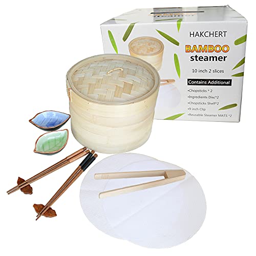 HAKCHERT Bamboo Steamer Set.10 inch 2 Tier Basket.For Steamed Buns,Bao Buns,Dumplings, Dim Sum.Steamer Basket.Dumpling Steamer.Steamer for Cooking.Steam Pot.Food Steamer. (12)