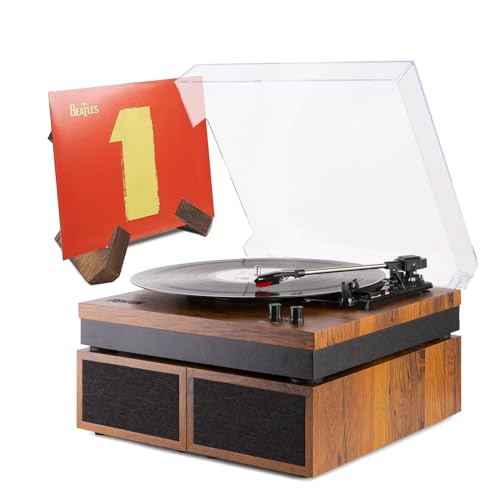 Fenton RP165B Bluetooth Vinyl Record Player with Speakers & Retro Vinyl Record Holder Set – Vintage Turntable with Stereo Speakers, Lightwood Finish